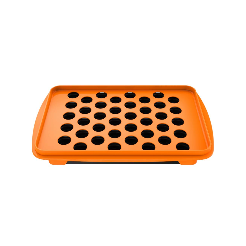 Leeres orangefarbenes Tray für die gleichzeitige Befüllung von 40 Dosierkapseln bei Storz & Bickel Vaporizern. Perfekt für eine schnelle Vorbereitung und Dosierung.