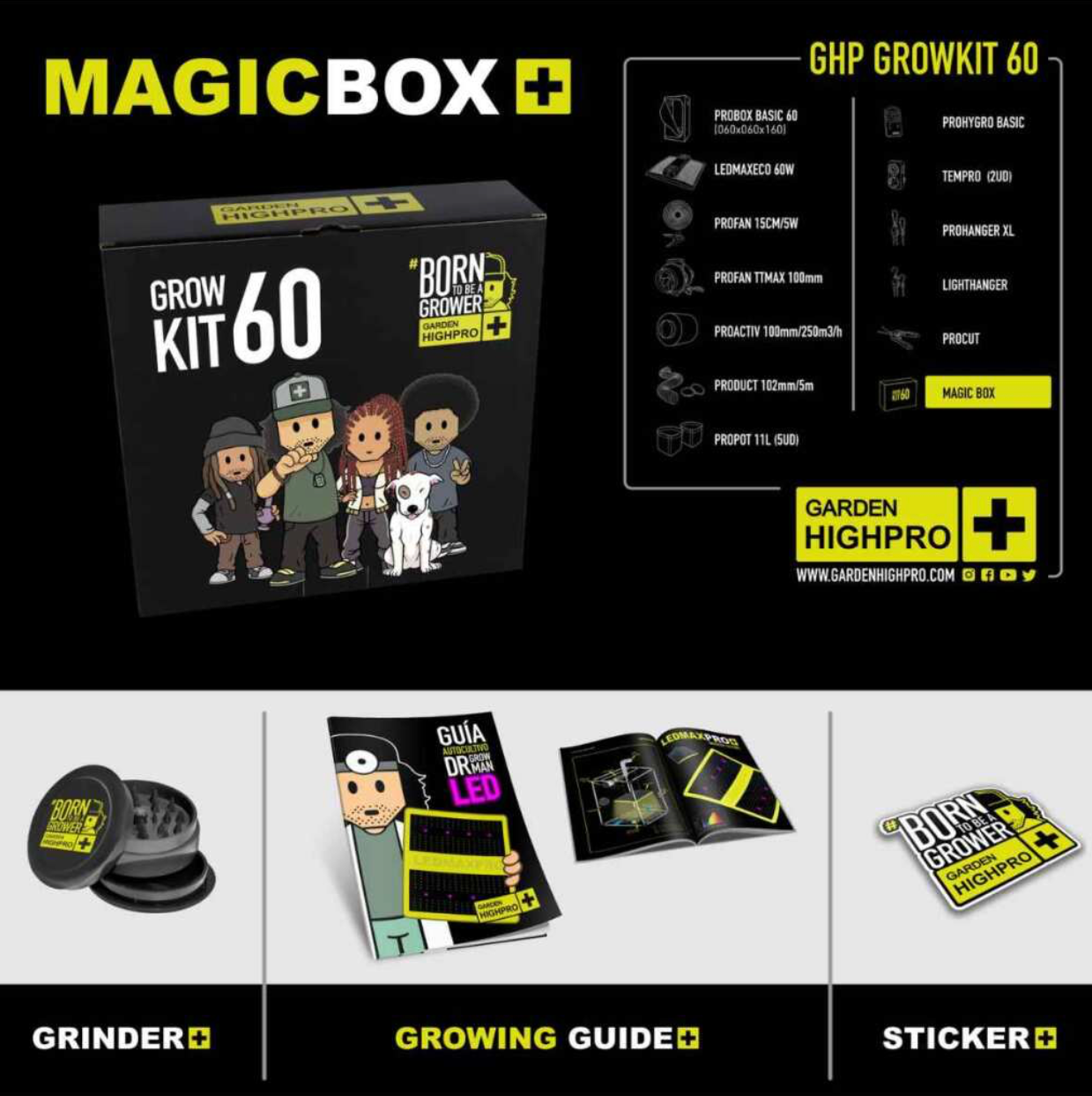Magic Box aus dem Garden Highpro Grow Kit 60, inklusive Grinder, Grow Guide und Stickern für den perfekten Einstieg ins Home Growing.