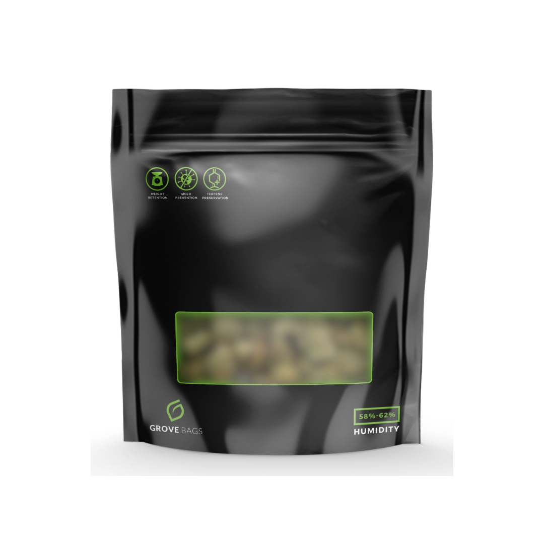 Feuchtigkeitsregulierende Grove Bags TerpLoc 250g mit Sichtfenster und Schutzsymbolen, ideal für die aromerhaltende und schimmelfreie Lagerung von Kräutern