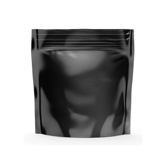 Versiegelbarer schwarzer Grove Bags TerpLoc 1000g Beutel mit integrierter Feuchtigkeitskontrolle, ideal für langfristige und schützende Aufbewahrung von Kräutern.
