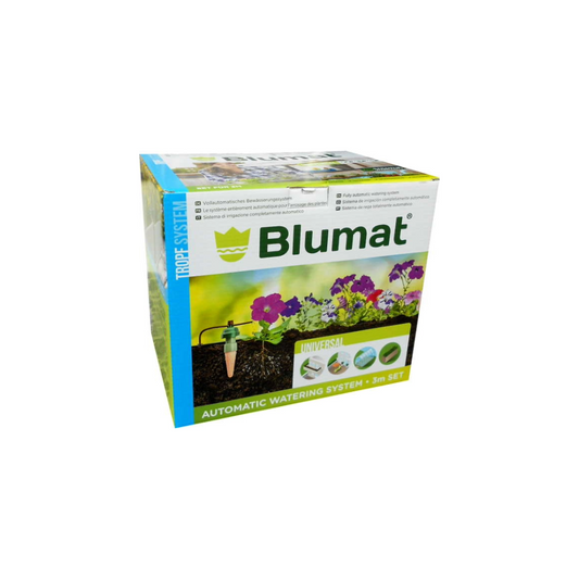 Blumat Tropf-Bewässerung 12er Set für 3 Meter, automatisches Bewässerungssystem für Urlaubsbewässerung, ideal für Garten, Balkon und Gewächshaus, zeigt Verpackung mit Tonkegel und Pflanzen