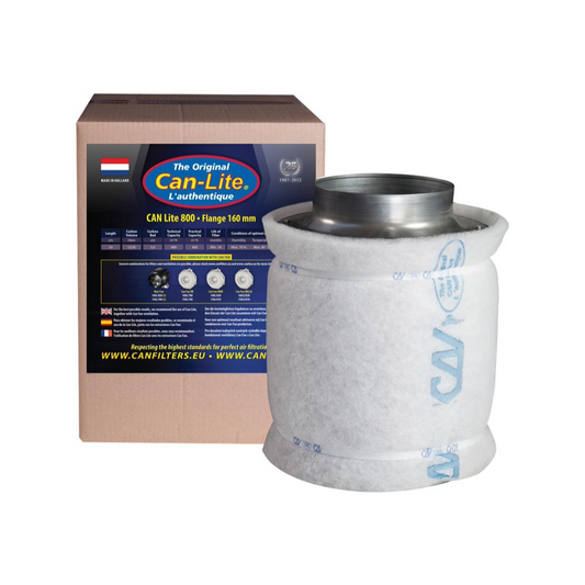 Can Lite Aktivkohlefilter 800m³/h mit Ø160mm Flansch, verpackt in Originalkarton, hocheffiziente Geruchsbekämpfung und Staubfilterung, ideal für verbesserte Raumluftqualität.