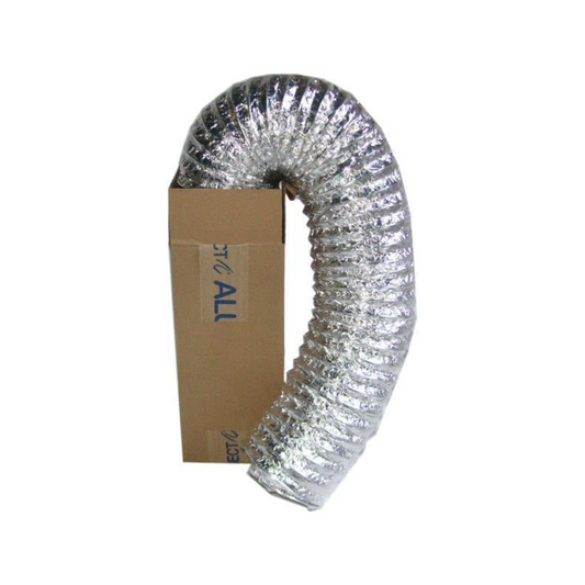 Flexibler Aluflex Schlauch Ø160mm ausziehbar bis 10m, ideal für Lüftungsanlagen in Indoor-Gartenbau, lichtdicht und anpassbar, präsentiert in kompakter Verpackung.
