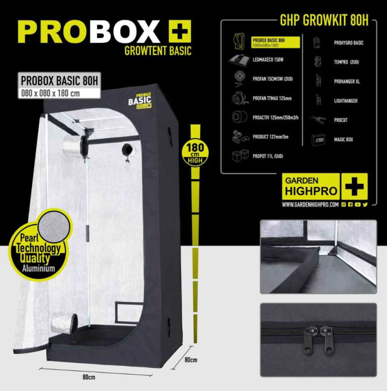 PROBOX Basic 80H Growzelt (80x80x180cm) mit hochwertiger Pearl-Technologie für reflektierendes Licht und robusten Aufbau.