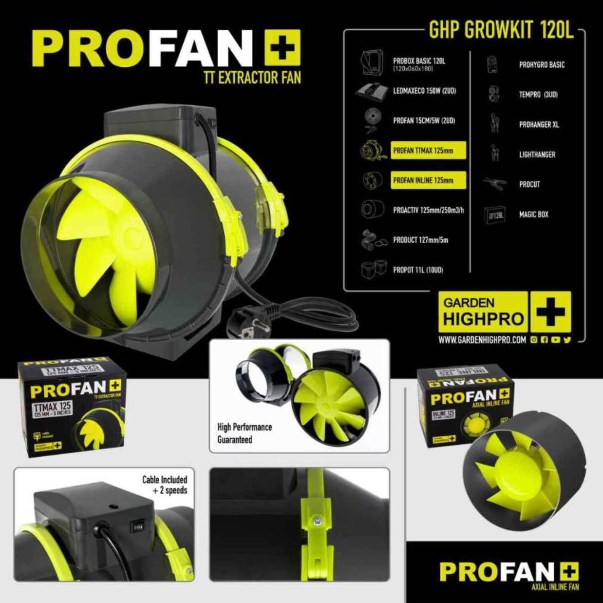 PROFAN TT Extraktorventilator mit 125mm Durchmesser für effiziente Luftzirkulation im 120x60 Growbox-Set.