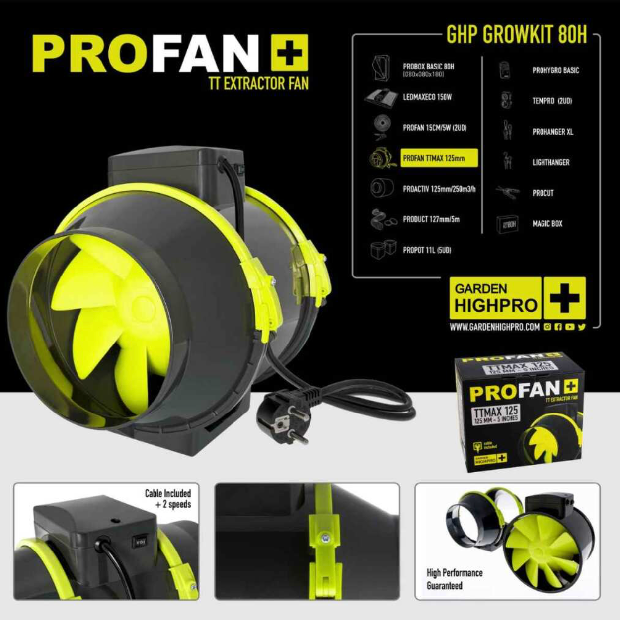 PROFAN TT Extractor Fan von Garden Highpro, leistungsstarker Lüfter mit 125 mm Durchmesser für effiziente Luftführung in Growboxen.