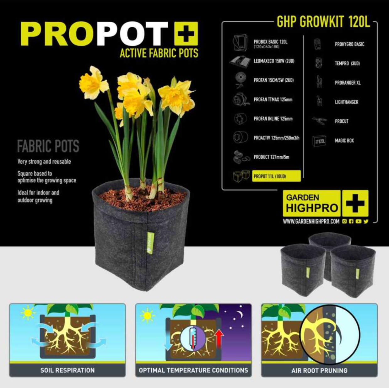 PROPOT Stofftöpfe 11L im 120x60 Growbox-Set, fördert durch Atmungsaktivität optimales Pflanzenwachstum und gesundes Wurzelsystem.