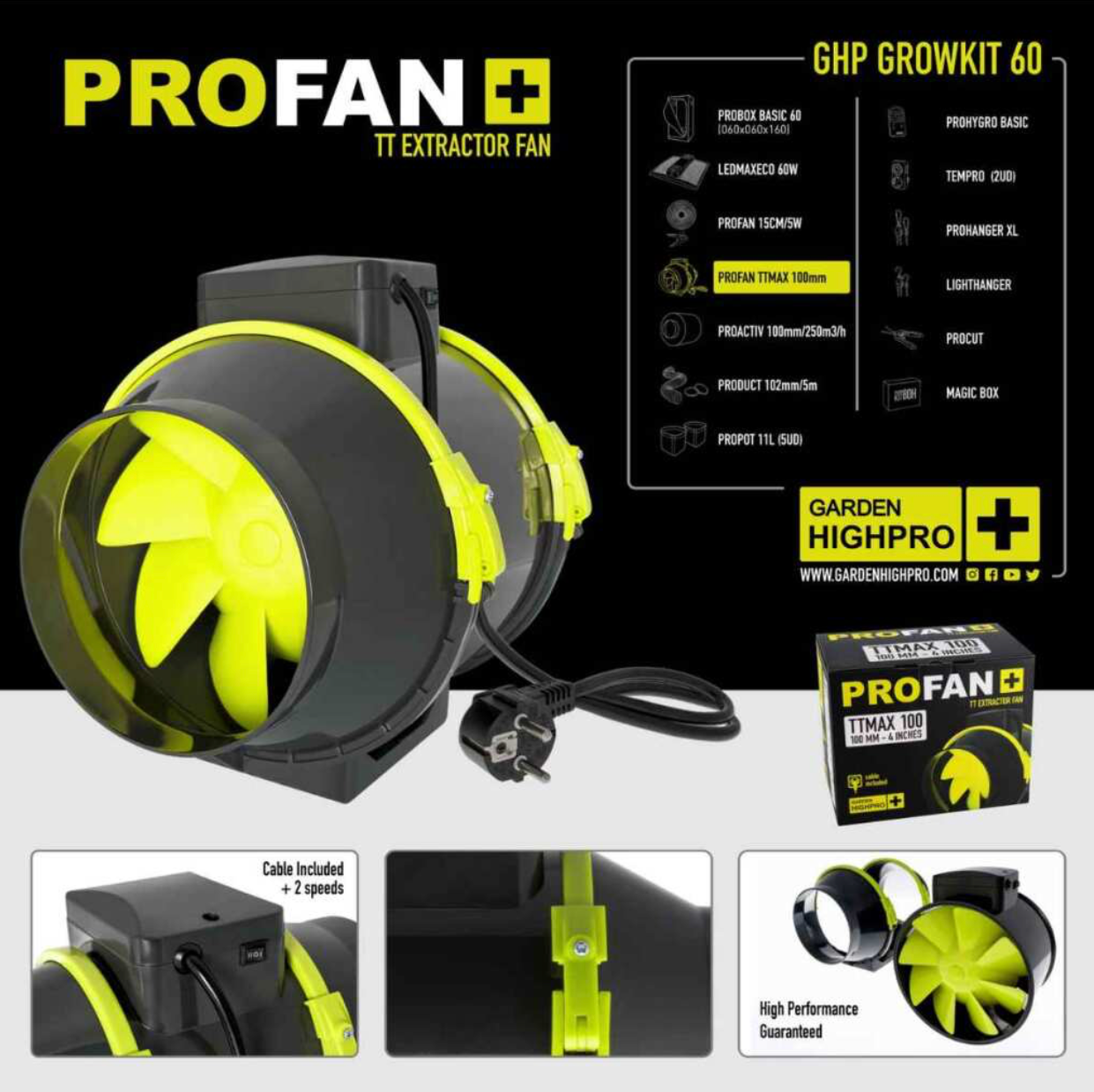 ProFan TT Lüfter von Garden Highpro, ideal für Growboxen mit zwei Geschwindigkeitsstufen und hoher Luftzirkulation.