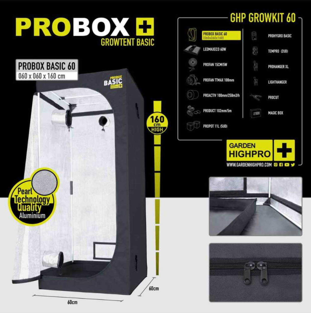 Probox Basic 60 Growbox von Garden Highpro, ideal für Indoor-Grow mit langlebiger Konstruktion und reflektierendem Innenmaterial.