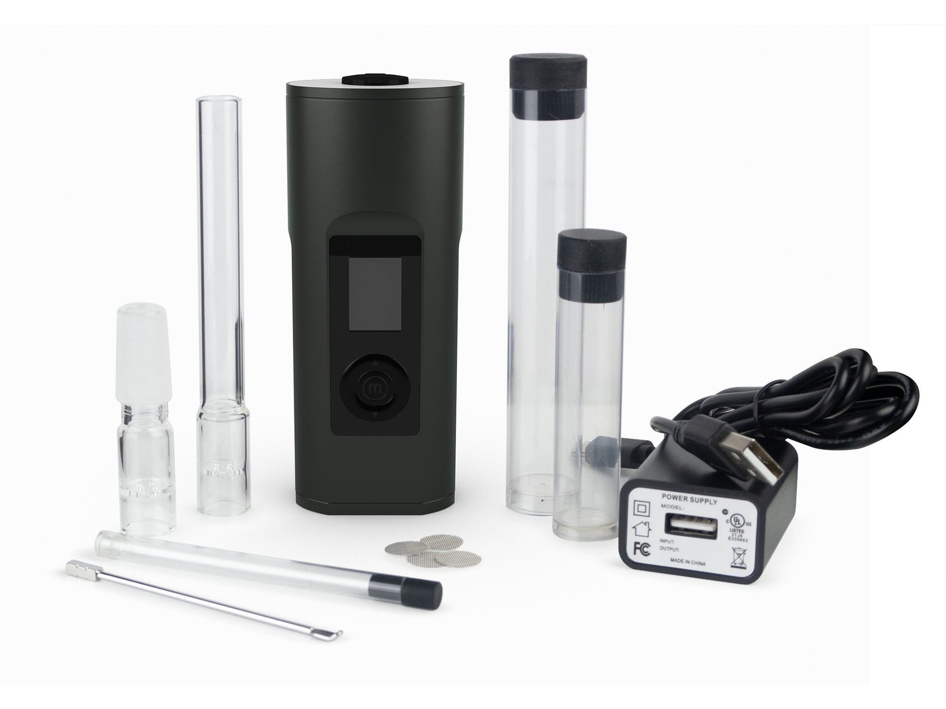 Arizer Solo 2 Max Vaporizer mit gesamtem Lieferumfang auf weißem Hintergrund.