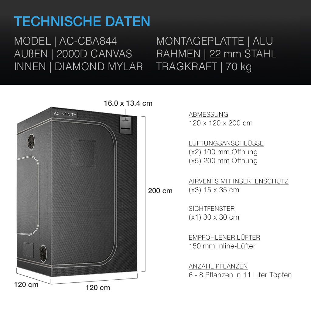 Technische Daten zum AC Infinity CLOUDLAB 844 Growzelt 120x120x200 cm – Abmessungen, Lüftungsöffnungen, Airvents und Tragkraft