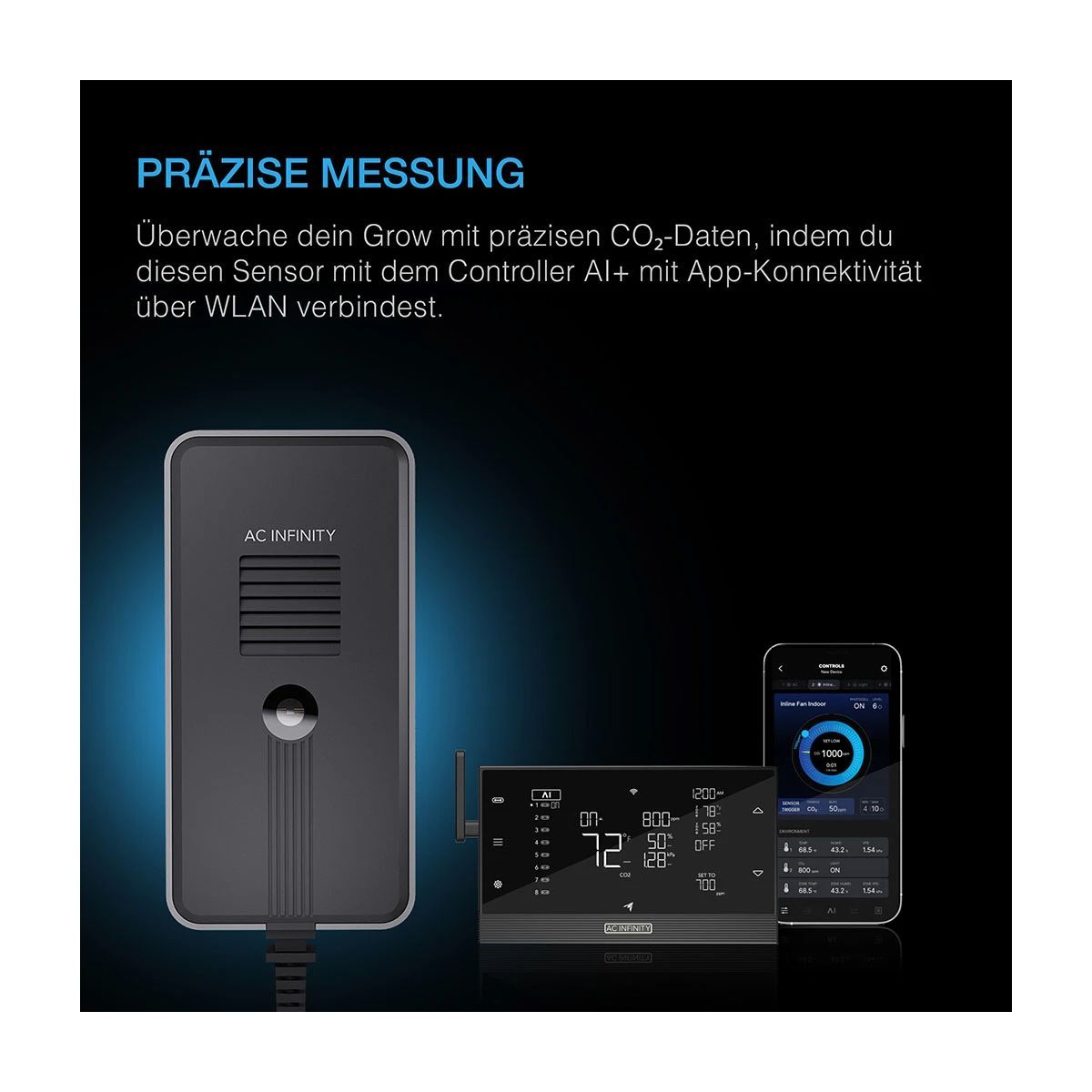 AC Infinity CO₂ Sensor mit AI-Controller und Smartphone-App – präzise CO₂-Messung und WLAN-Konnektivität für Echtzeitdaten im Grow-Setup.