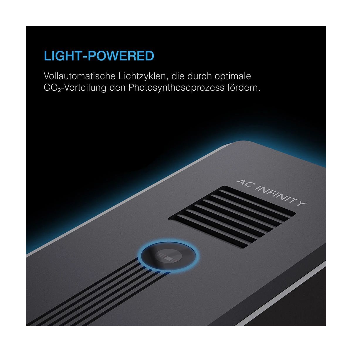 Nahaufnahme des AC Infinity CO₂ Sensors mit Light-Powered Funktion für automatische Lichtzyklen und optimale CO₂-Verteilung zur Förderung der Photosynthese.