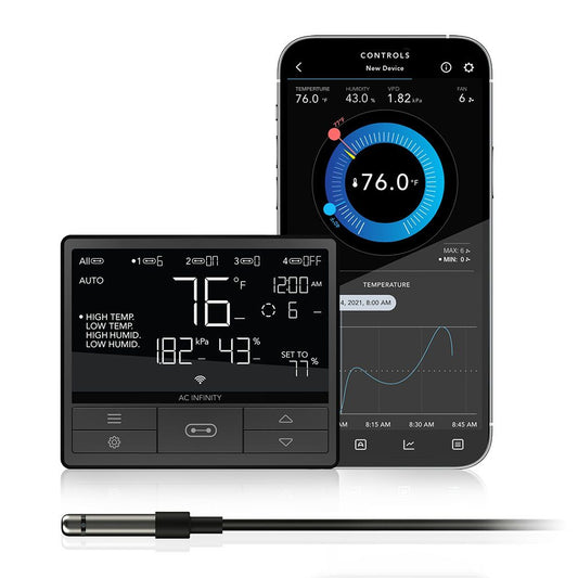AC Infinity CONTROLLER 69 PRO mit Display, Temperatursensor und App-Interface – smarte Steuerung für Lüfter und LED-Growlights, dynamische Klimaregelung über WiFi, Bluetooth und VPD-Messung.