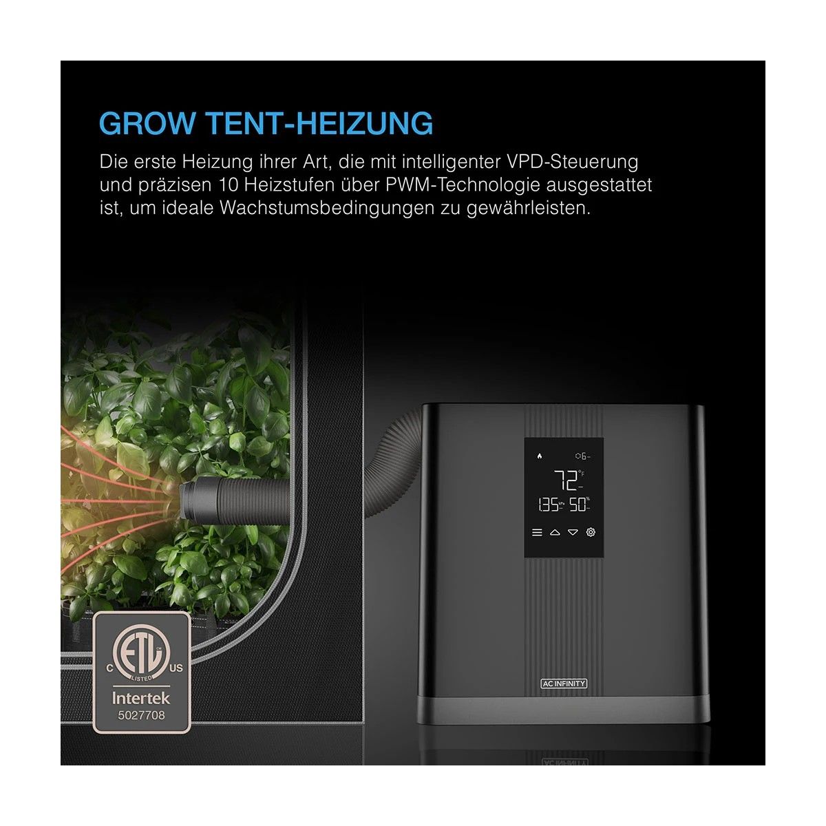 AC Infinity THERMOFORGE T3 Growbox Heizung mit intelligenter VPD-Steuerung und 10 Heizstufen für optimale Pflanzenklimakontrolle.