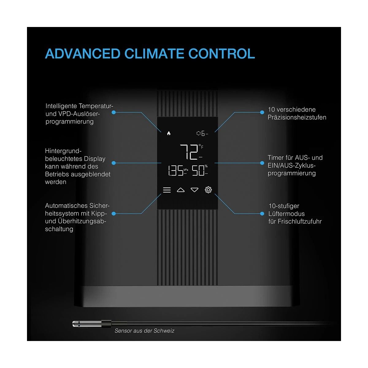 AC Infinity THERMOFORGE T3 Heizgerät für Growzelt mit Display, VPD-Trigger, Timer, 10 Heizstufen und Lüftermodus für optimale Klimakontrolle.