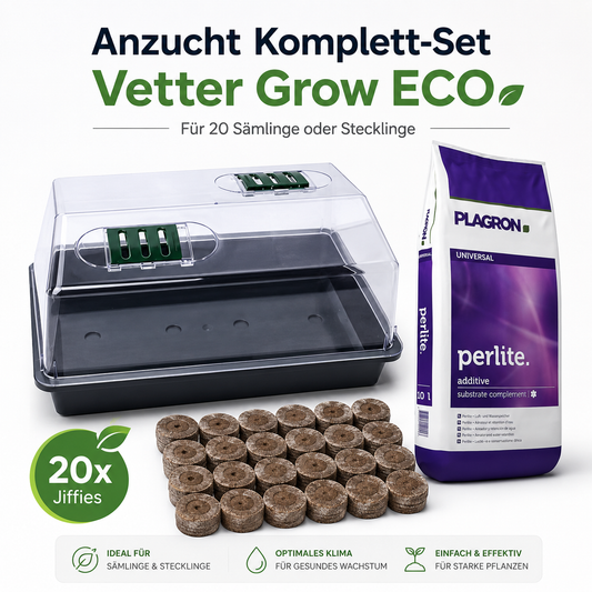 Anzucht Komplett-Set Vetter Grow ECO für 20 Sämlinge oder Stecklinge mit Mini-Gewächshaus, Jiffies und Perlite