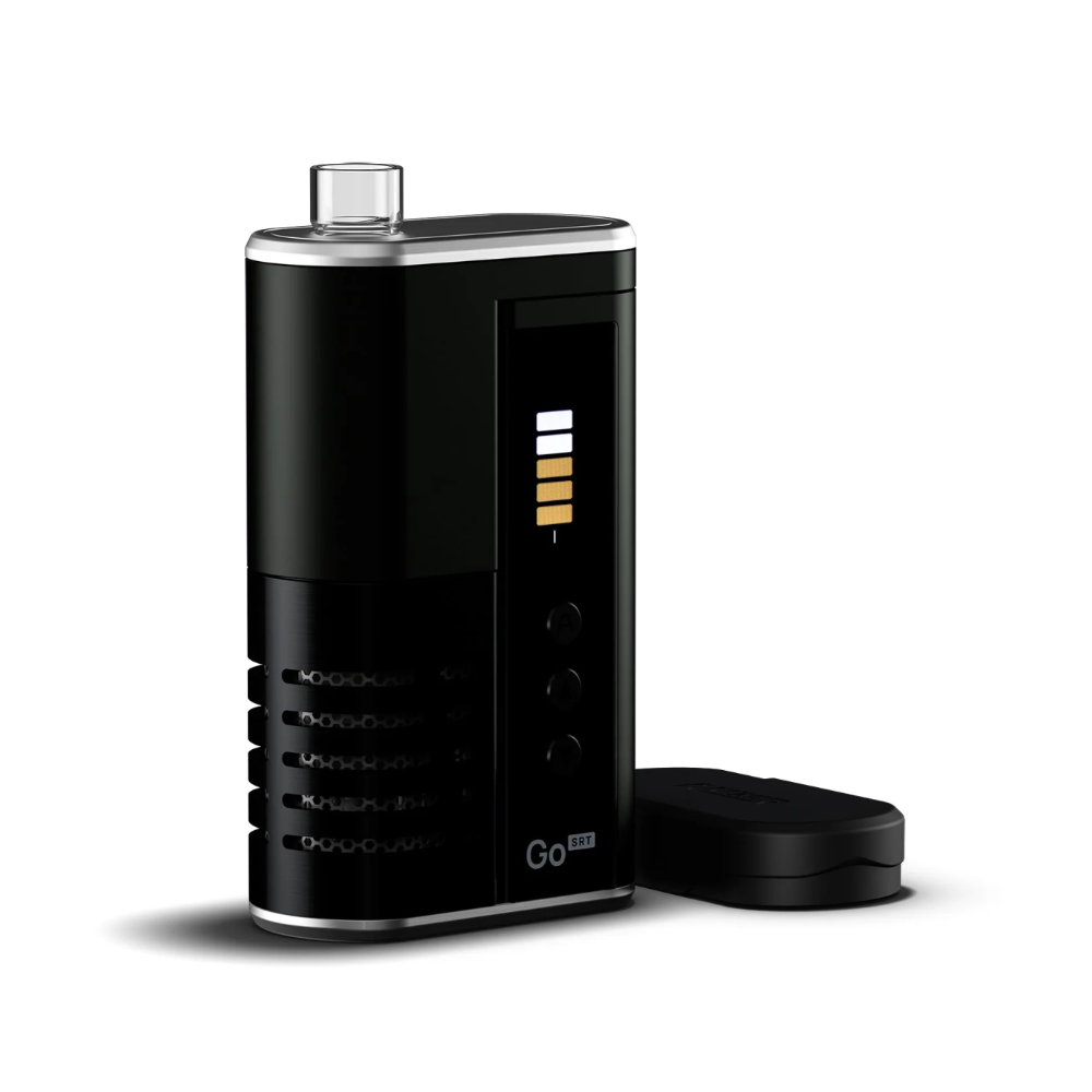 Arizer Go SRT Vaporizer in schwarzer Ausführung mit Transportkappe in frontnaher Ansicht