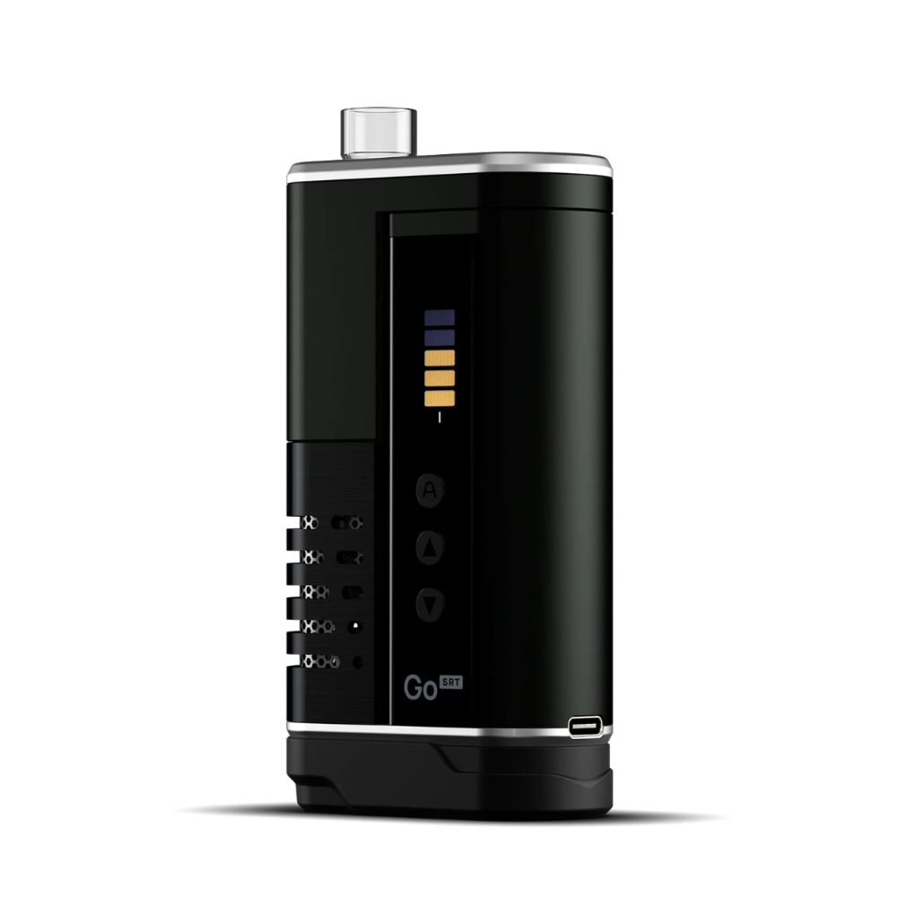 Kompakte Produktansicht des Arizer Go SRT Vaporizers mit USB-C-Anschluss und Display