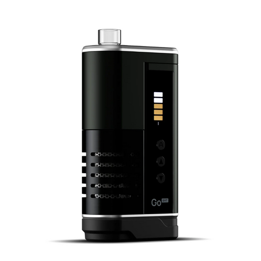 Freigestelltes Produktfoto des Arizer Go SRT Vaporizers mit Display und integriertem Glasaufsatz