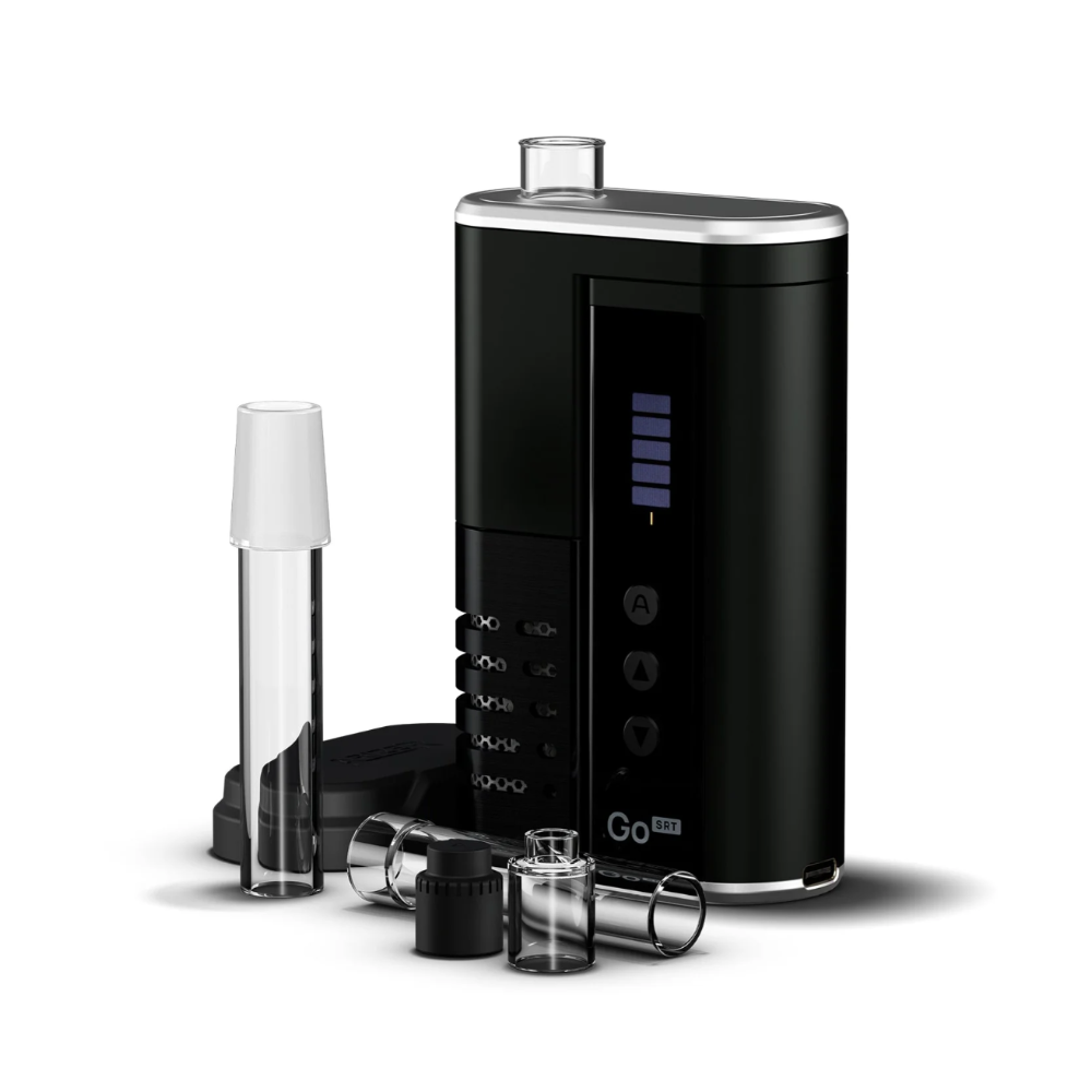 Arizer Go SRT Vaporizer mit Zubehör und langem Glas-Bongadapter in seitlicher Produktansicht