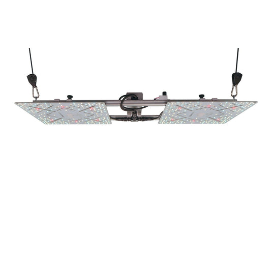 BloomStar Wingman 600 LED Panel Seitenansicht am Seilzug-Hänger – flaches, passiv gekühltes Design fürs Growzelt