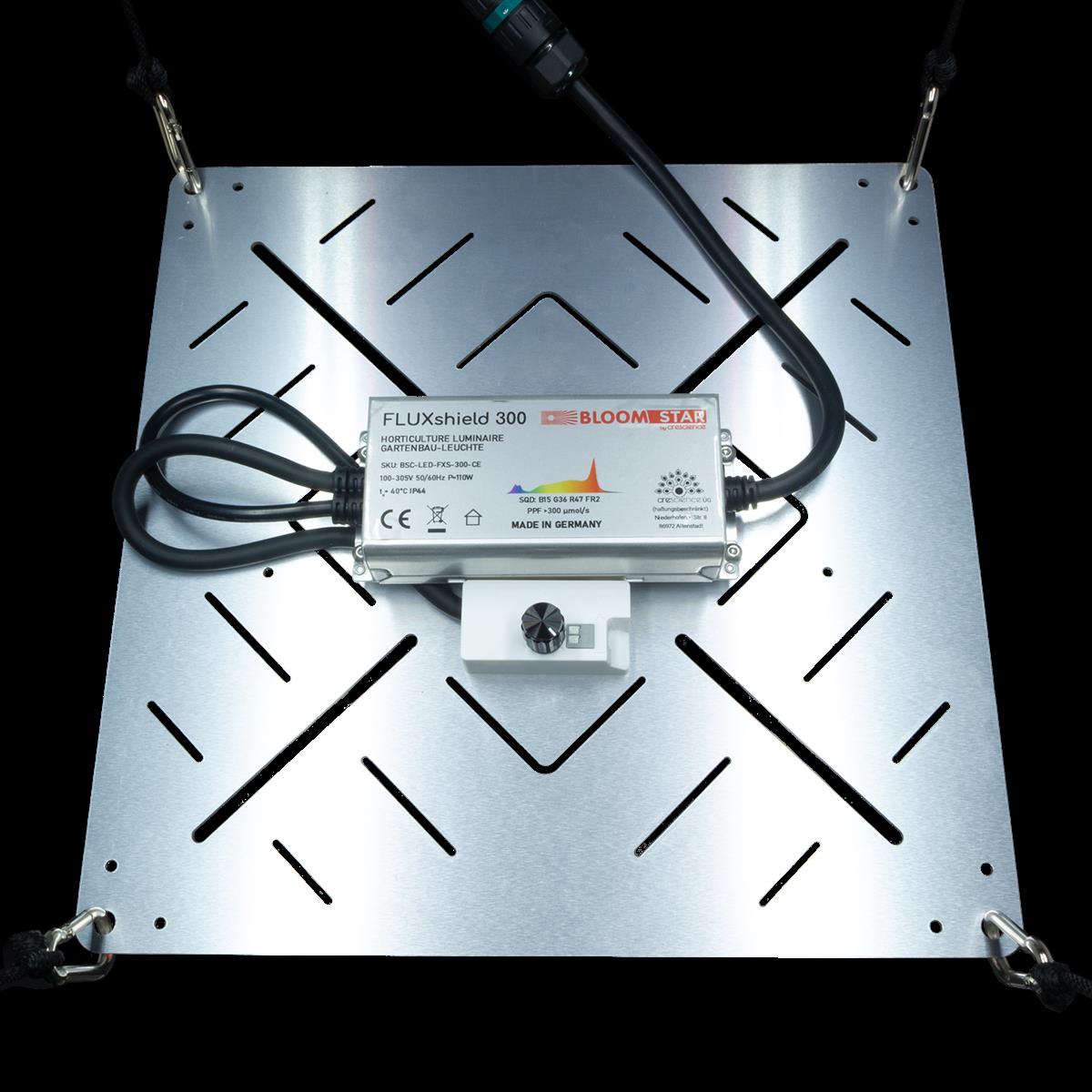 Oberseite der BloomStar FLUXshield 300 mit Netzteil und Dimmer – 110W LED für 60x60 cm