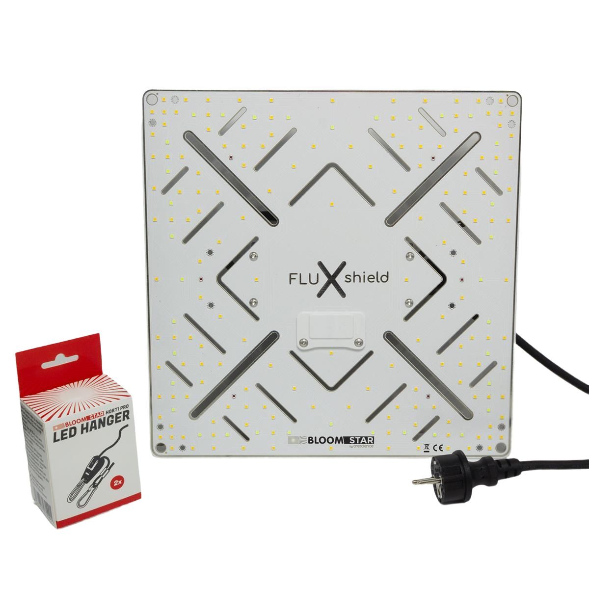 Lieferumfang BloomStar FLUXshield 300 – LED Board mit Stecker und LED Hanger für die Montage im Growzelt