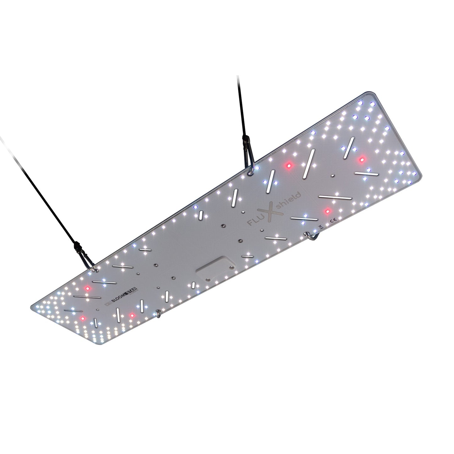 BloomStar FLUXshield 300L 100W in Betrieb – Vollspektrum Lichtbild für schmale, lange Growflächen