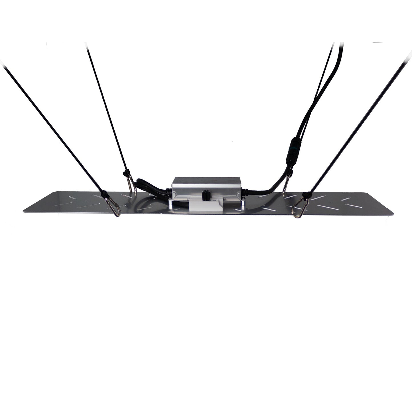 Seitenansicht der BloomStar FLUXshield 300L 100W im Hänger – flaches LED Panel, passiv gekühlt