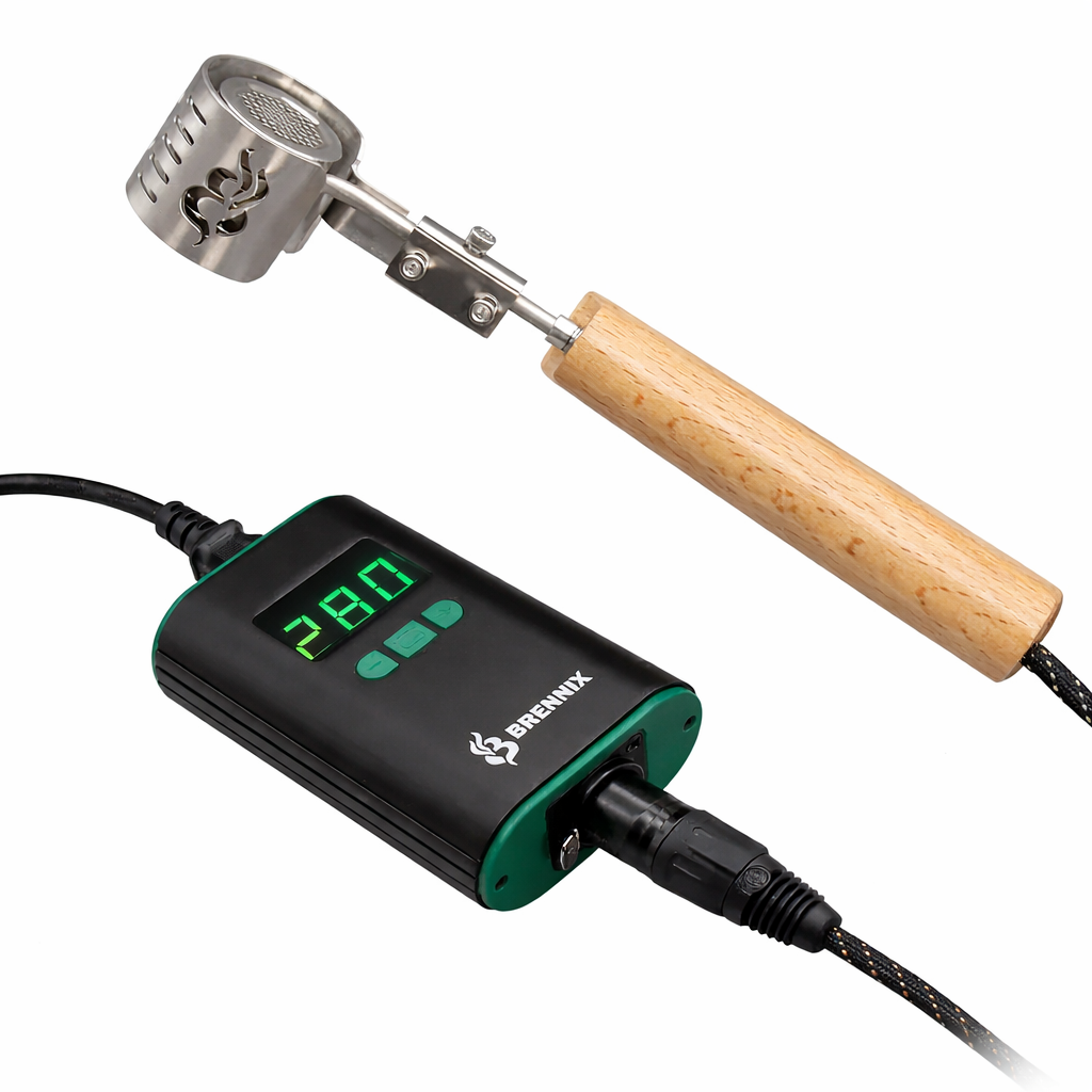 Brennix LiftOff Ball Vaporizer mit Titan-Heizeinheit, Holzgriff und PID-Controller als Studiofoto auf weißem Hintergrund