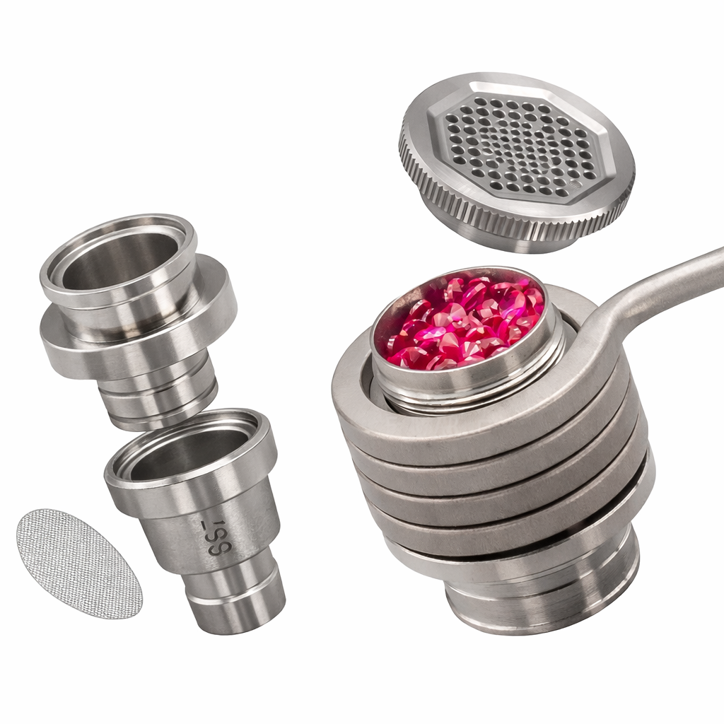 Brennix LiftOff Ball Vaporizer Heizelement mit Ruby-Kammer, Sieb und Titan-Komponenten als Detailaufnahme auf weißem Hintergrund