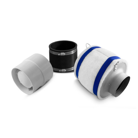 Caluma Mini-Filter-Set 100mm mit Axiallüfter, Aktivkohlefilter und Verbindungsmuffe für effektive Abluft und Geruchskontrolle in kleinen Growboxen.