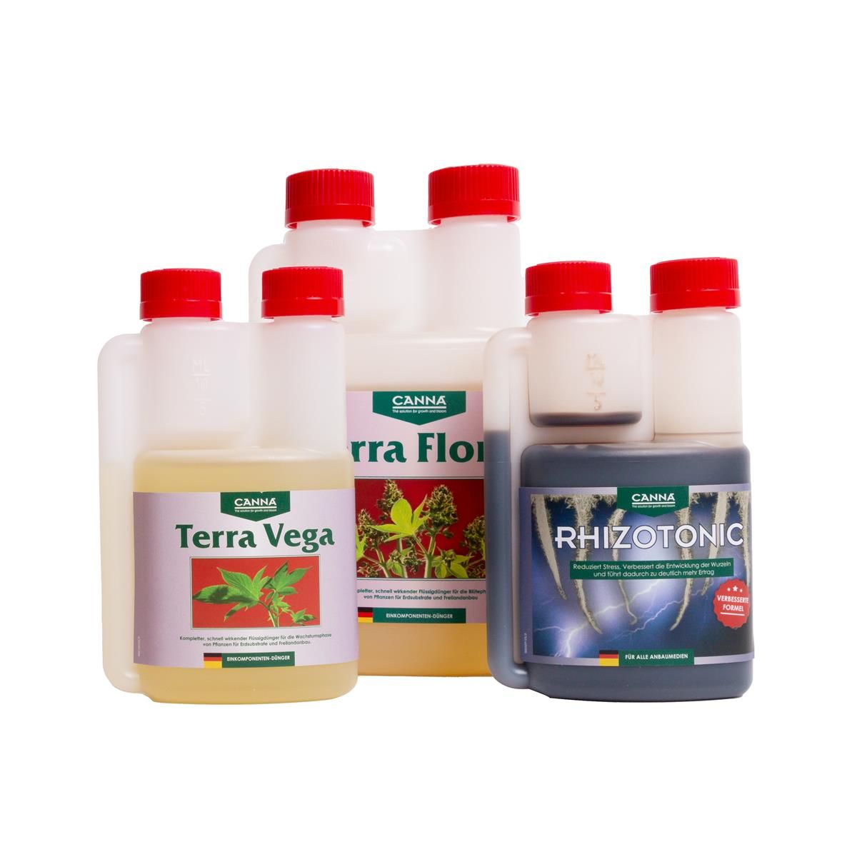 Canna Terra Home Grow Kit mit Terra Vega, Terra Flores und Rhizotonic Dünger für 3 Pflanzen – Starterset für optimales Wachstum und Blüte.