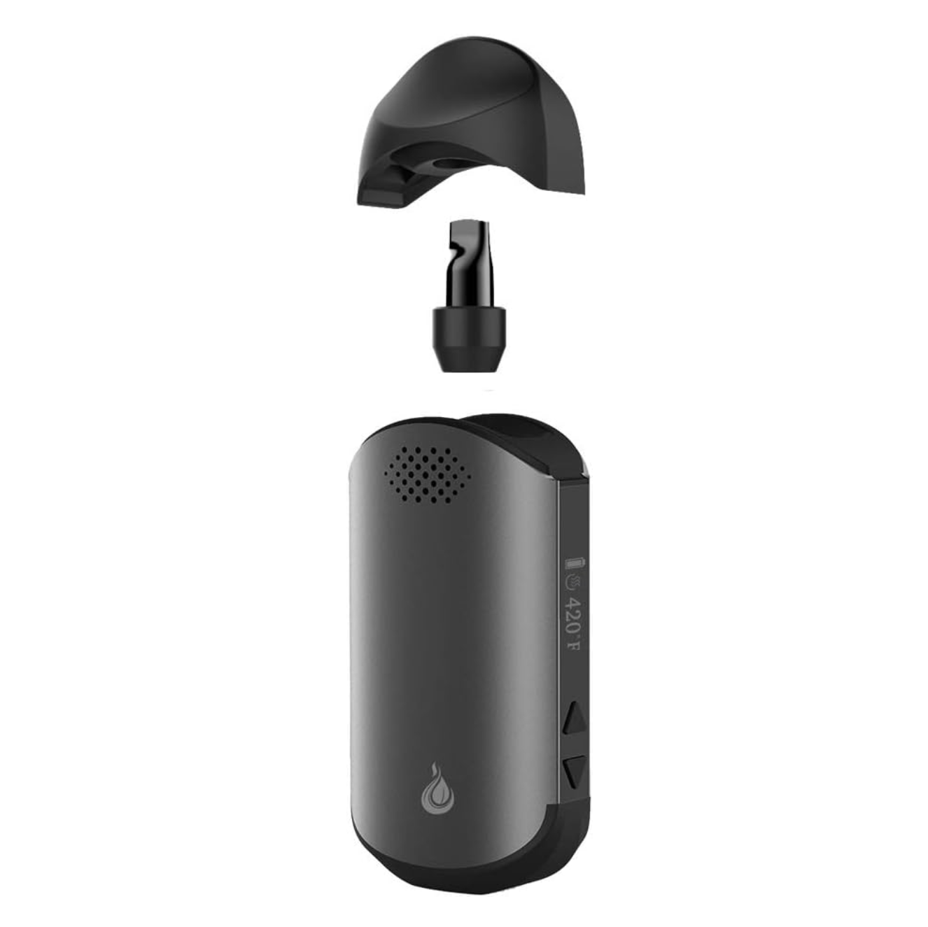 Flowermate Cap Pro tragbarer Vaporizer in Schwarz, Ansicht mit abgenommenem Mundstück und sichtbarer glasbeschichteter Heizkammer.