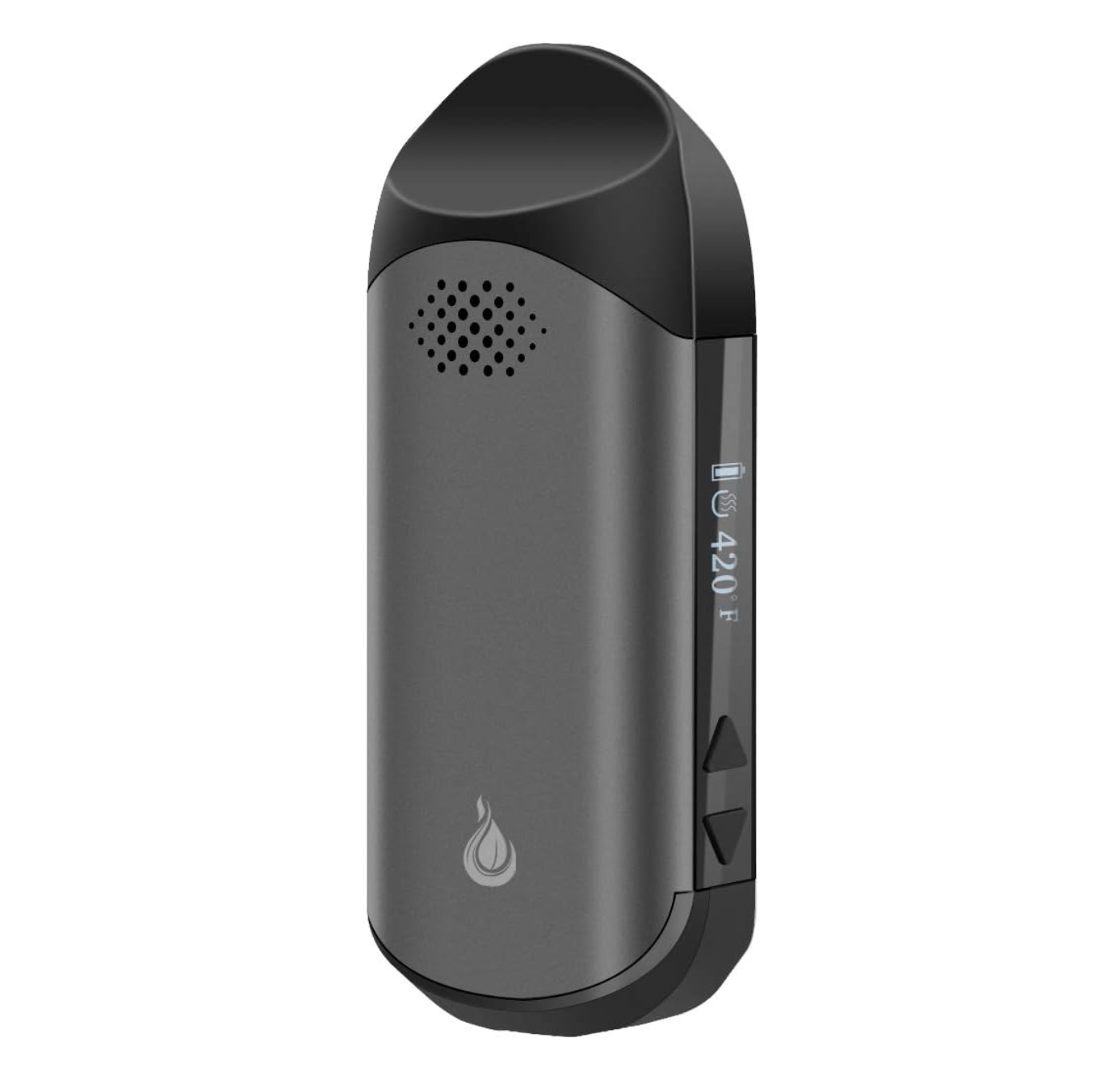 Seitenansicht des Flowermate Cap Pro Vaporizers mit Temperaturkontrolle und USB-C Anschluss, in elegantem Mattschwarz.