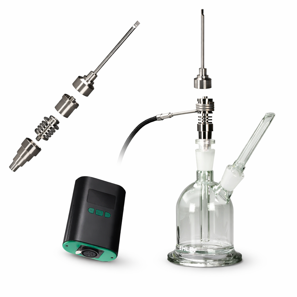 CrossingTech Micro Enail Dab Rig Komplettset mit Controller, Titan-Nail und Glasrig auf weißem Hintergrund