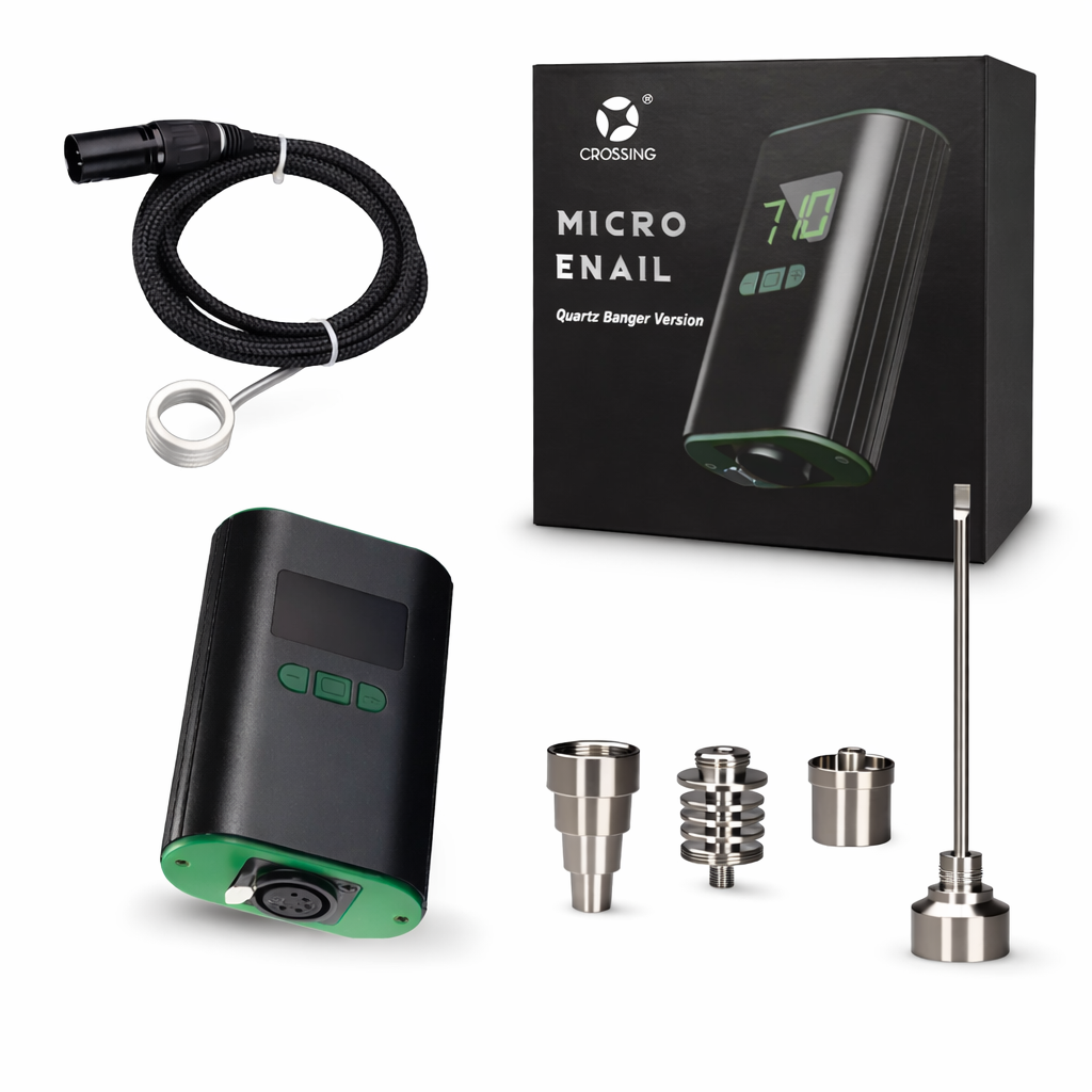 CrossingTech Micro Enail Dab Rig Lieferumfang mit Controller, Heizkabel, Titan-Teilen und Verpackung auf weißem Hintergrund