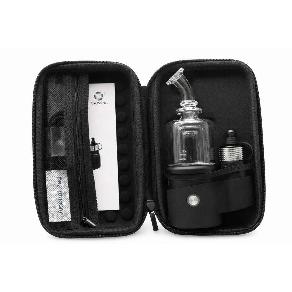 CrossingTech The Core 2.0 XL E-Rig Deluxe im geöffneten Transportcase mit Bubbler und Atomizer