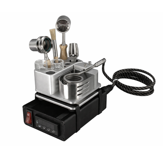 CrossingTech Wireless One Hit Wonder V2 aufgebaut mit Dock, PID, Coil, Zubehör und Glasadaptern als leistungsstarker stationärer Ball Vape.