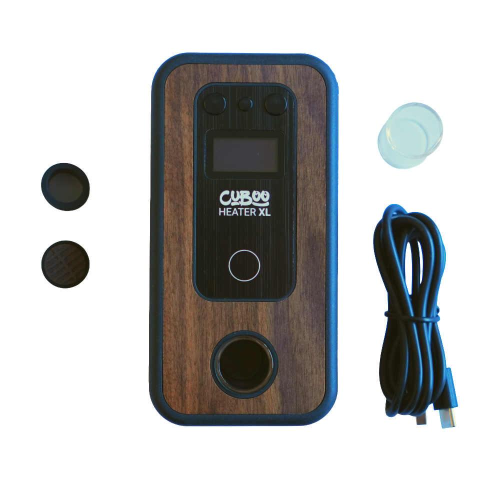 Lieferumfang Cuboo Heater XL: Induktionsheizer, Glastube, Keramik-Insert und USB-C Kabel
