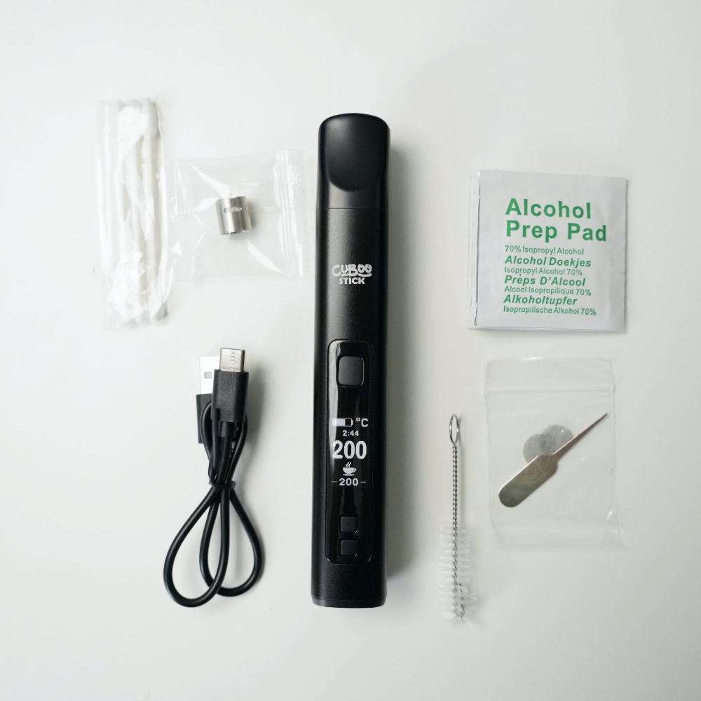 Cuboo Stick Konvektions-Vaporizer mit komplettem Lieferumfang: 18650-Akku, USB-C-Kabel, Reinigungsset und Konzentrate-Kapsel
