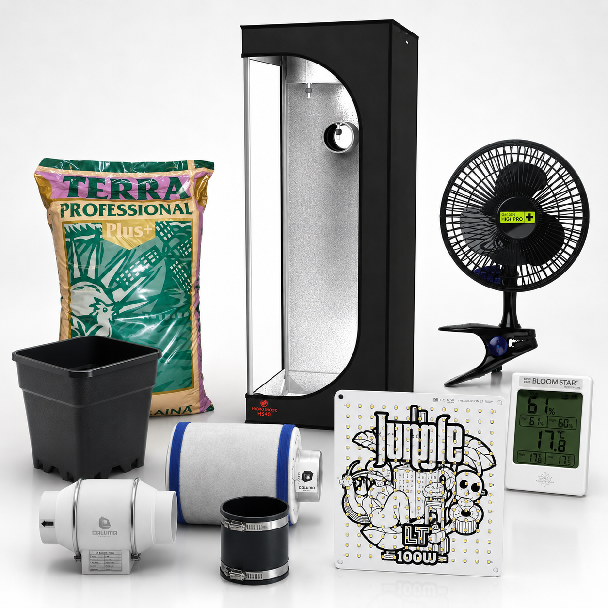 Der Powerzwerg 40x40 Growbox Komplettset mit 100W LED, Secret Jardin Growzelt, Abluftset, Aktivkohlefilter, Erde, Topf und Thermo-Hygrometer
