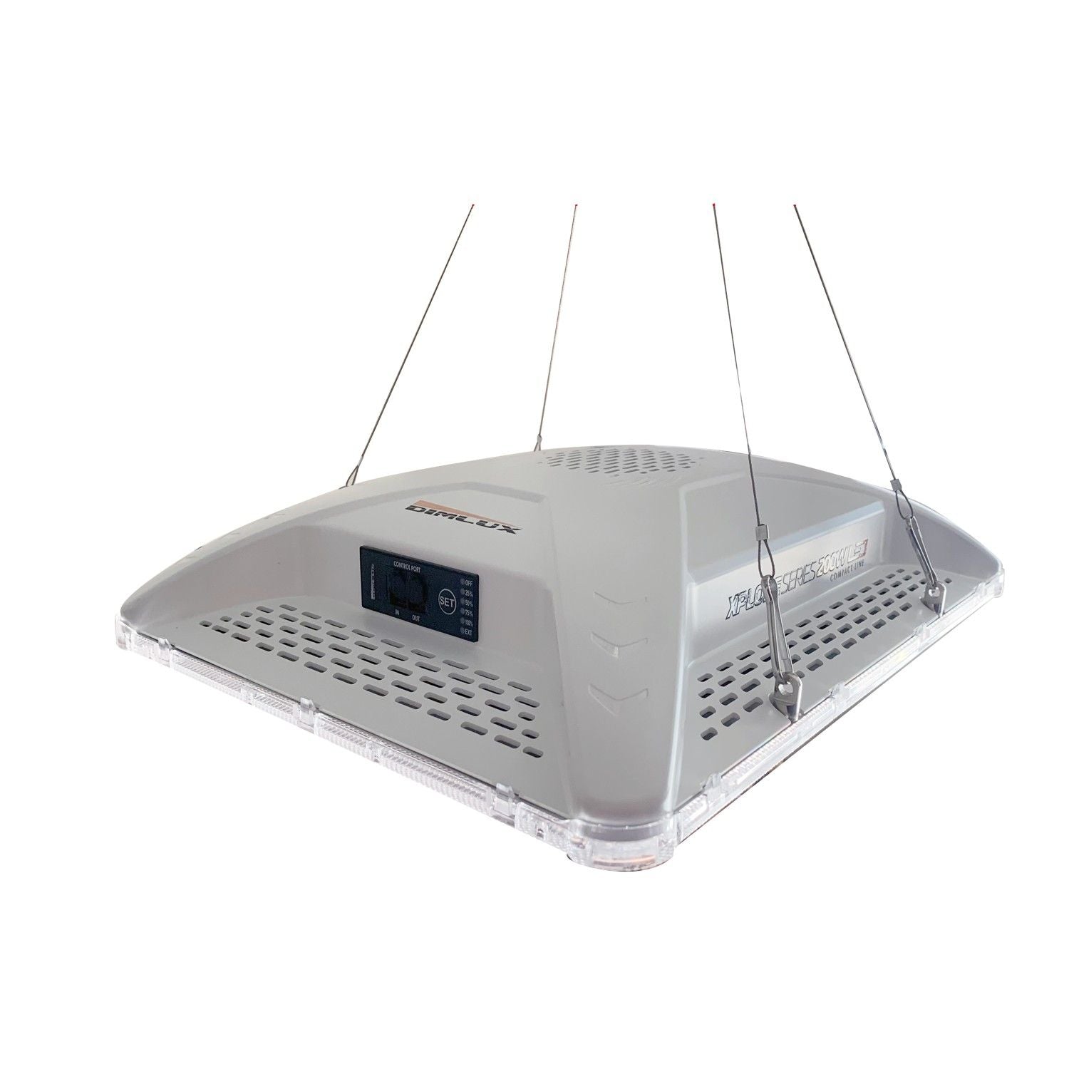 Dimlux Xplore CompactLine 200W – IP65 Vollspektrum LED-Growlampe, 0–10V dimmbar, hängend an Stahlseilen für 100–120 cm Growzelte