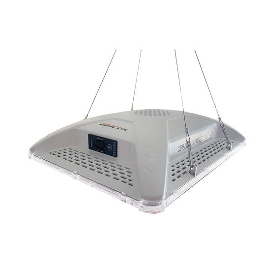 Dimlux Xplore CompactLine 200W – IP65 Vollspektrum LED-Growlampe, 0–10V dimmbar, hängend an Stahlseilen für 100–120 cm Growzelte