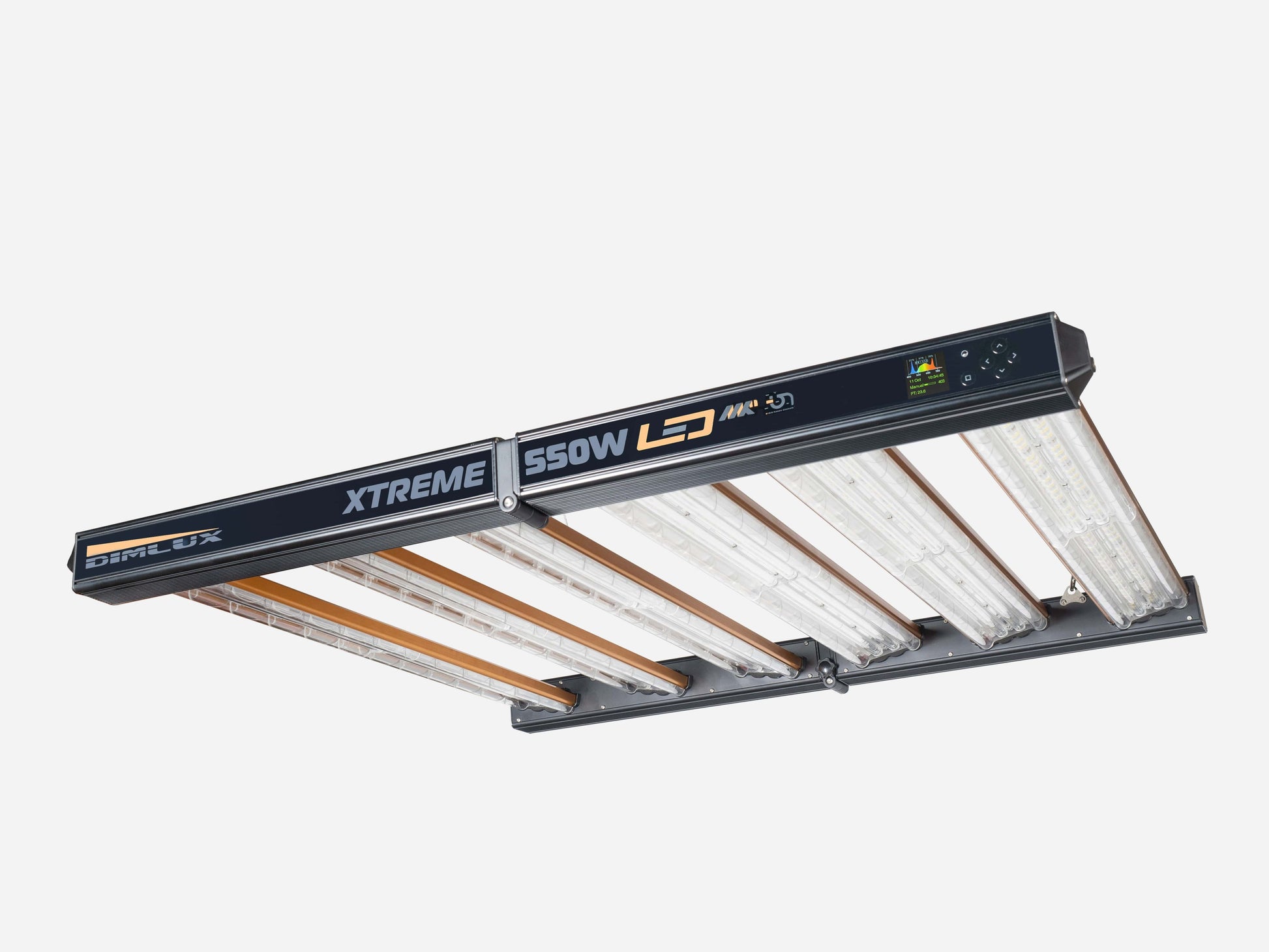 Dimlux Xtreme Series 550W MKII + NIR LED Grow Lampe – schräger Blick auf die Unterseite mit Optik/Linsen und Bedienpanel