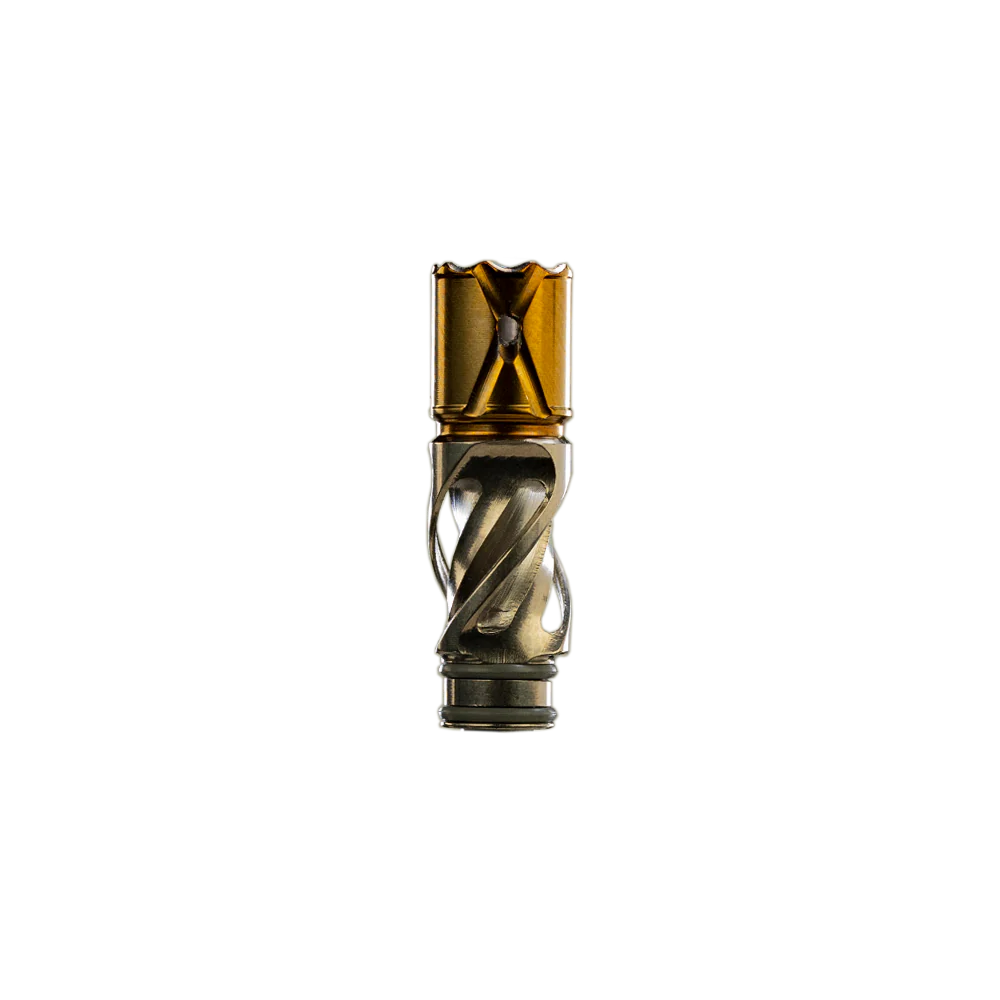 DynaVap Helix Titan Tip kaufen – goldene Titanoberfläche, Adjust-A-Bowl Funktion und 3 Luftkanäle für optimierte Hitze, vertikale Ansicht