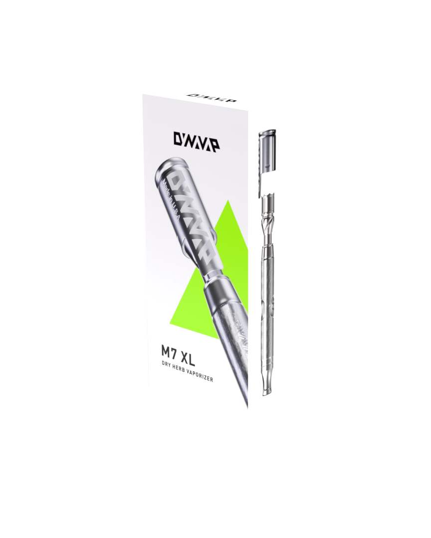 DynaVap M7 XL Vaporizer in originaler Produktverpackung mit Seitenansicht.