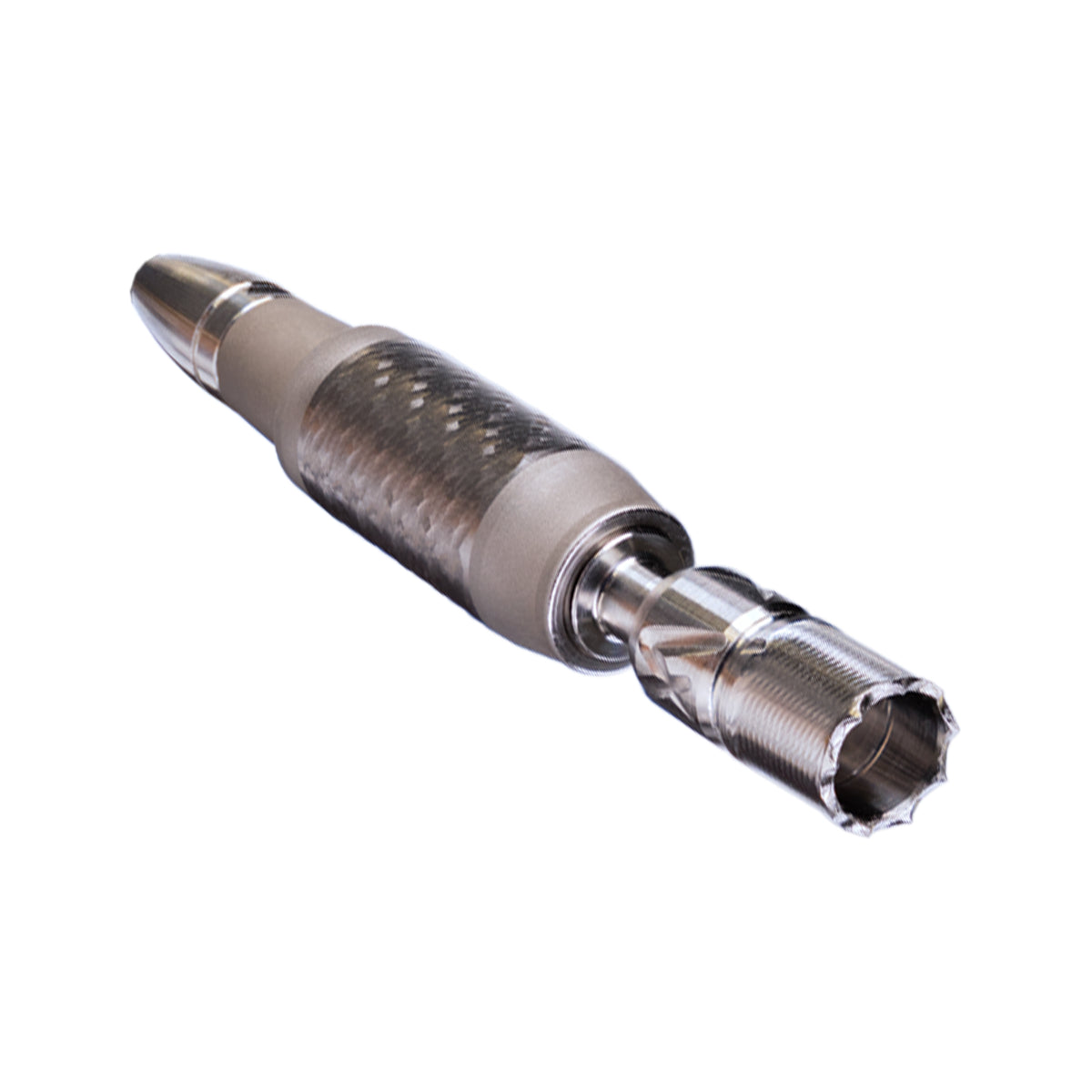 Detailaufnahme DynaVap VonG X: High-Mass Tip ohne Cap, Titan/Edelstahl-Body mit DuraDyn-Grip, wasserfilter-kompatibel 10/14 mm