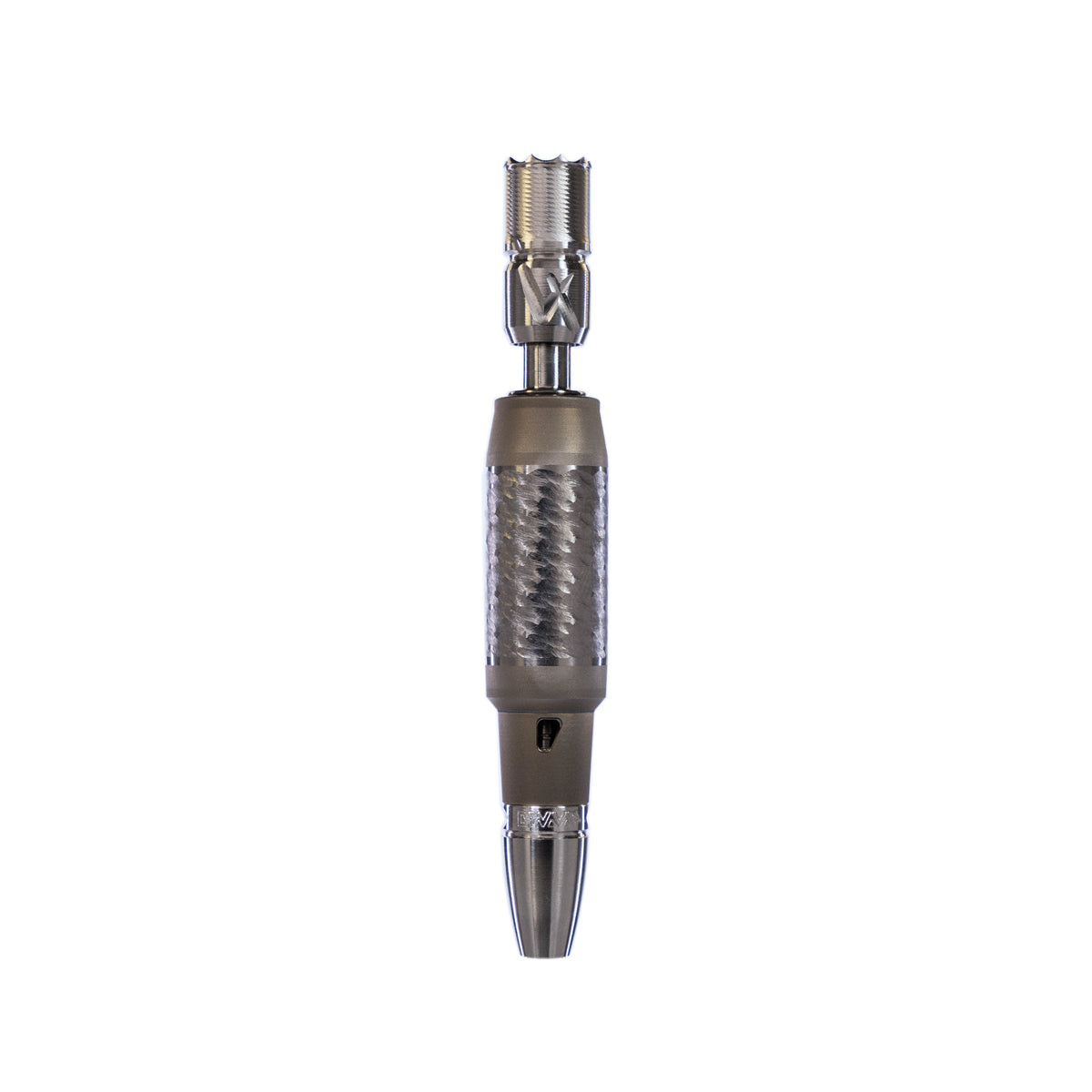 Frontansicht DynaVap VonG X ohne Cap: Edelstahl-Tip mit Adjust-a-Bowl, Titan-Body im DuraDyn-Two-Tone-Finish